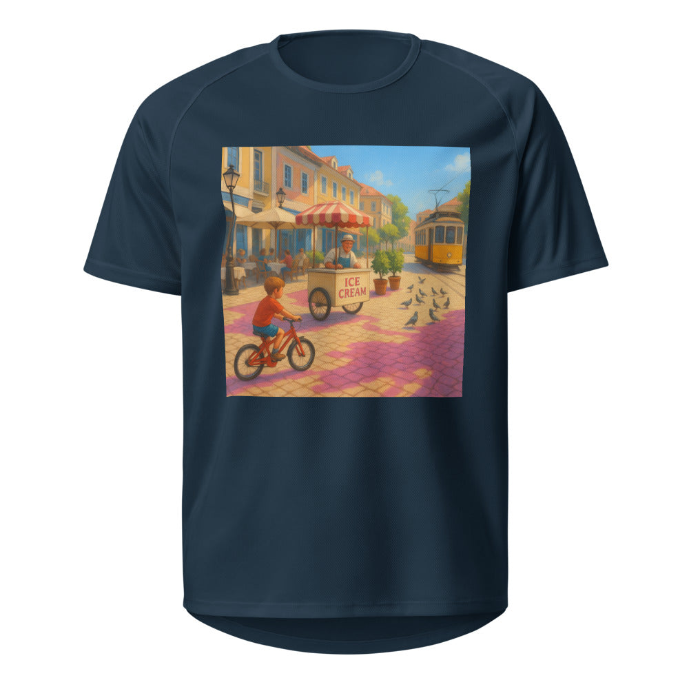 Magenta Shadows on Cobblestone Plaza - French Navy
