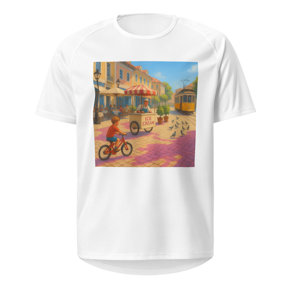 Magenta Shadows on Cobblestone Plaza - White