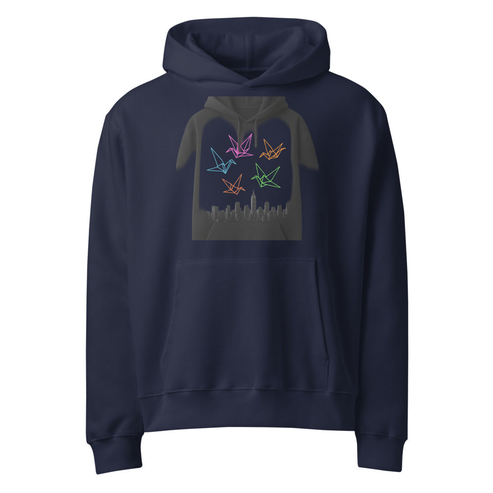 Neon Origami Crane Skyline - Navy
