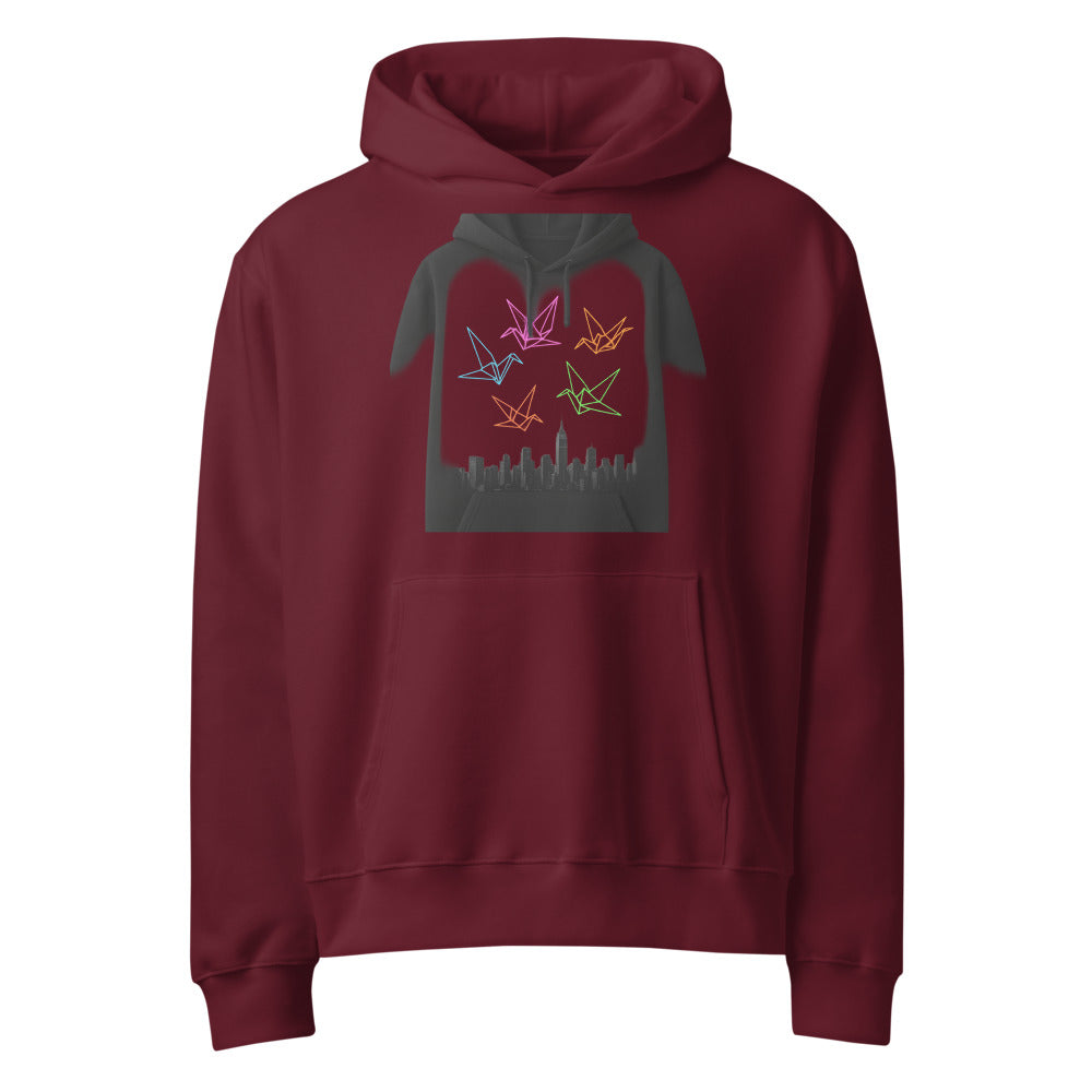 Neon Origami Crane Skyline - Maroon
