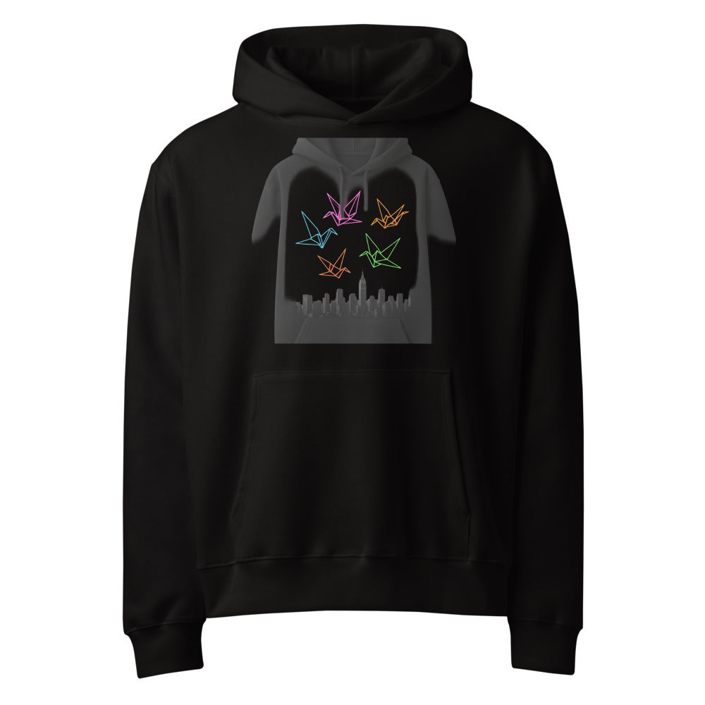Neon Origami Crane Skyline - Black