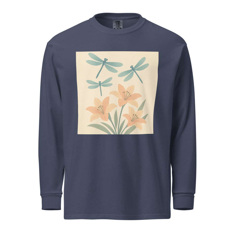 Dragonflies Over Peach Lilies - Navy