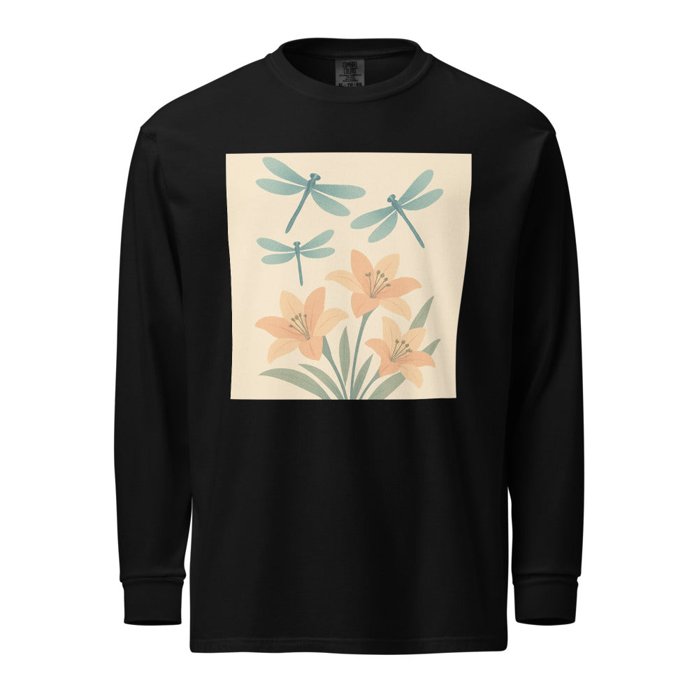 Dragonflies Over Peach Lilies - Black